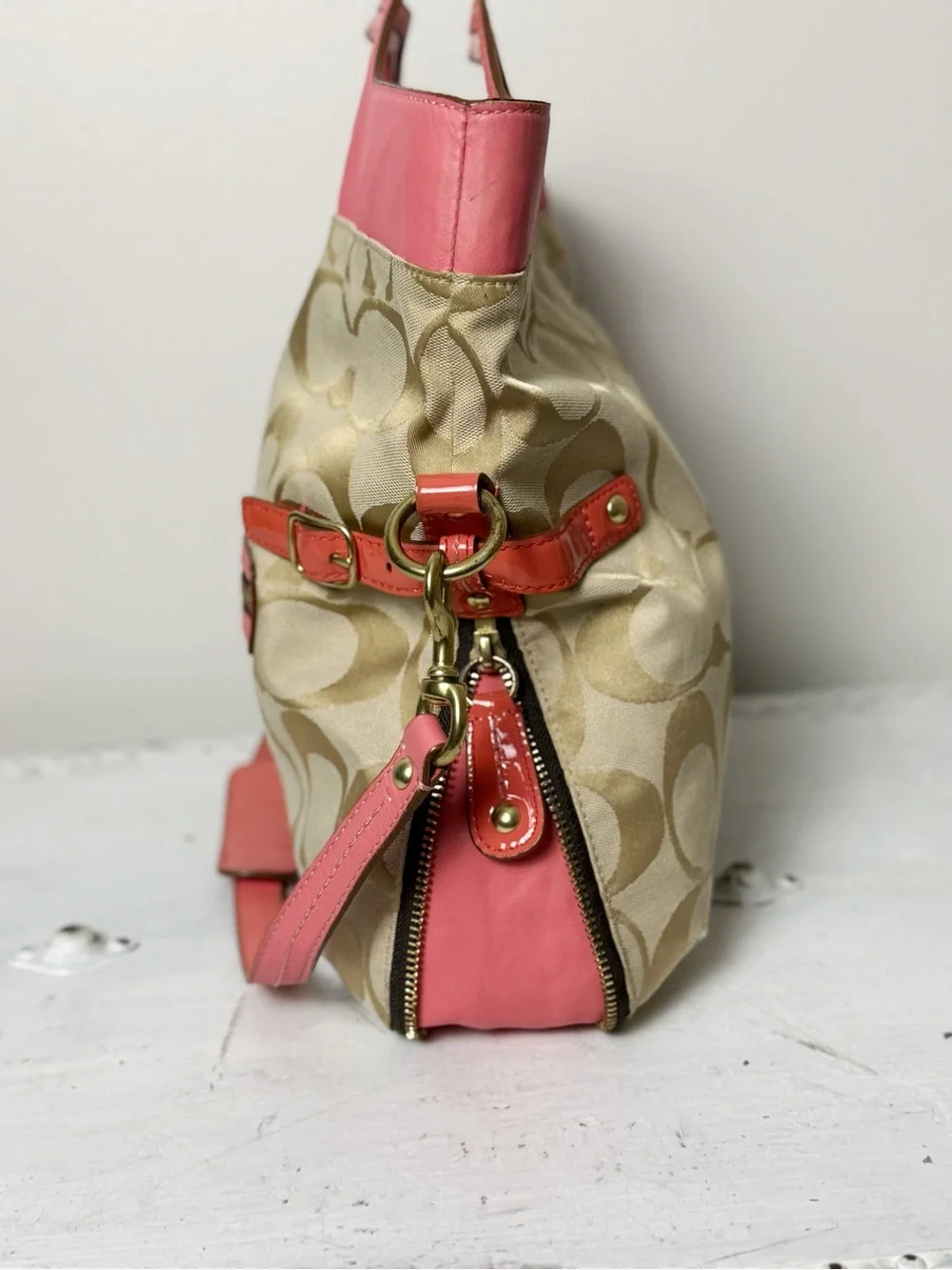 Coach Light Khaki/Coral Bonnie Signature Logo Print Fold Over Crossbody Bag 1339